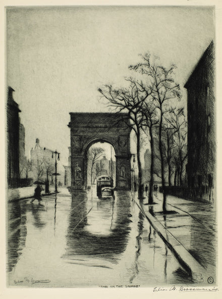 Elias M. Grossman, Rain on the Square — colour etching, Smithsonian American Art Museum