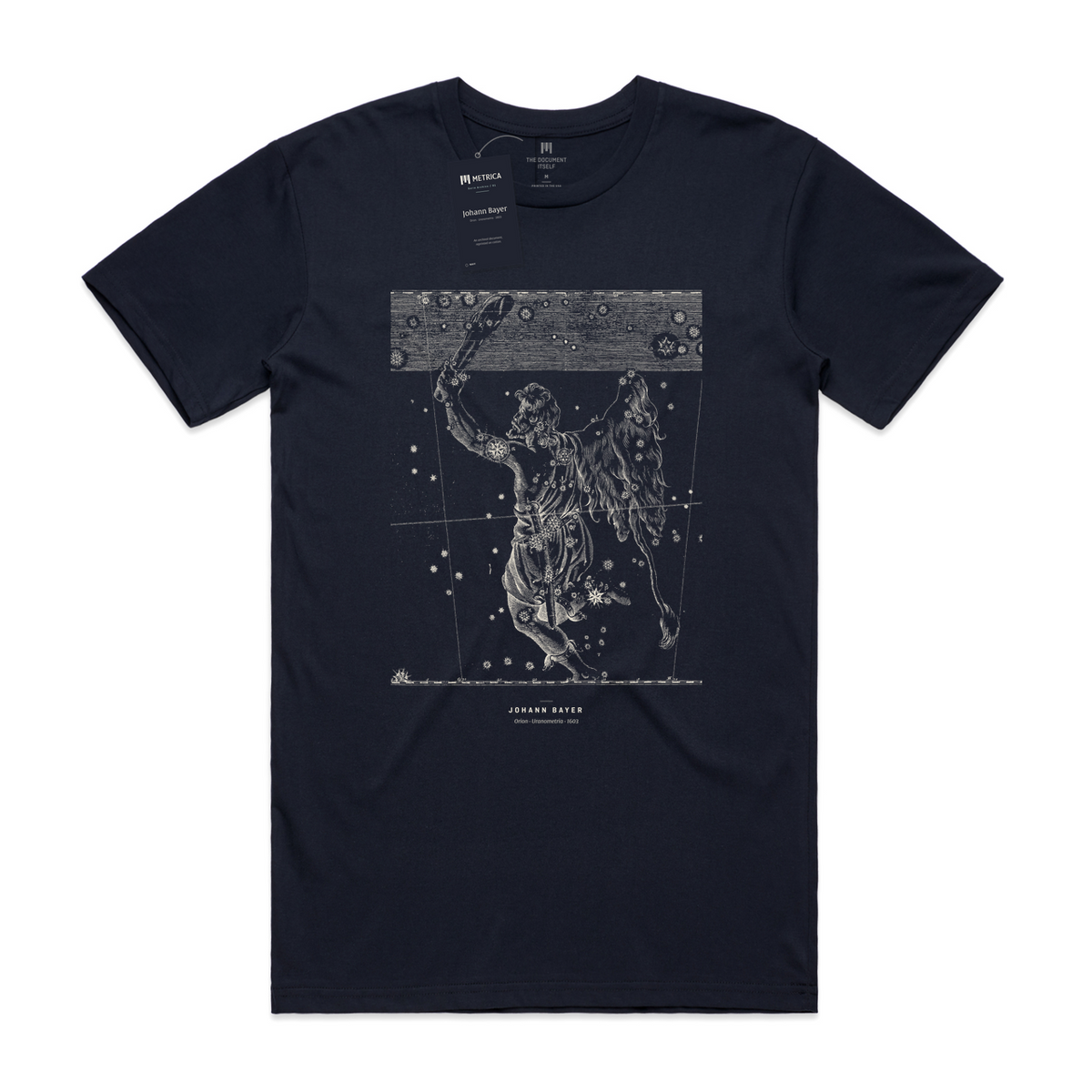 Johann Bayer — Orion · Métrica archive flat lay — neck print and hang tag
