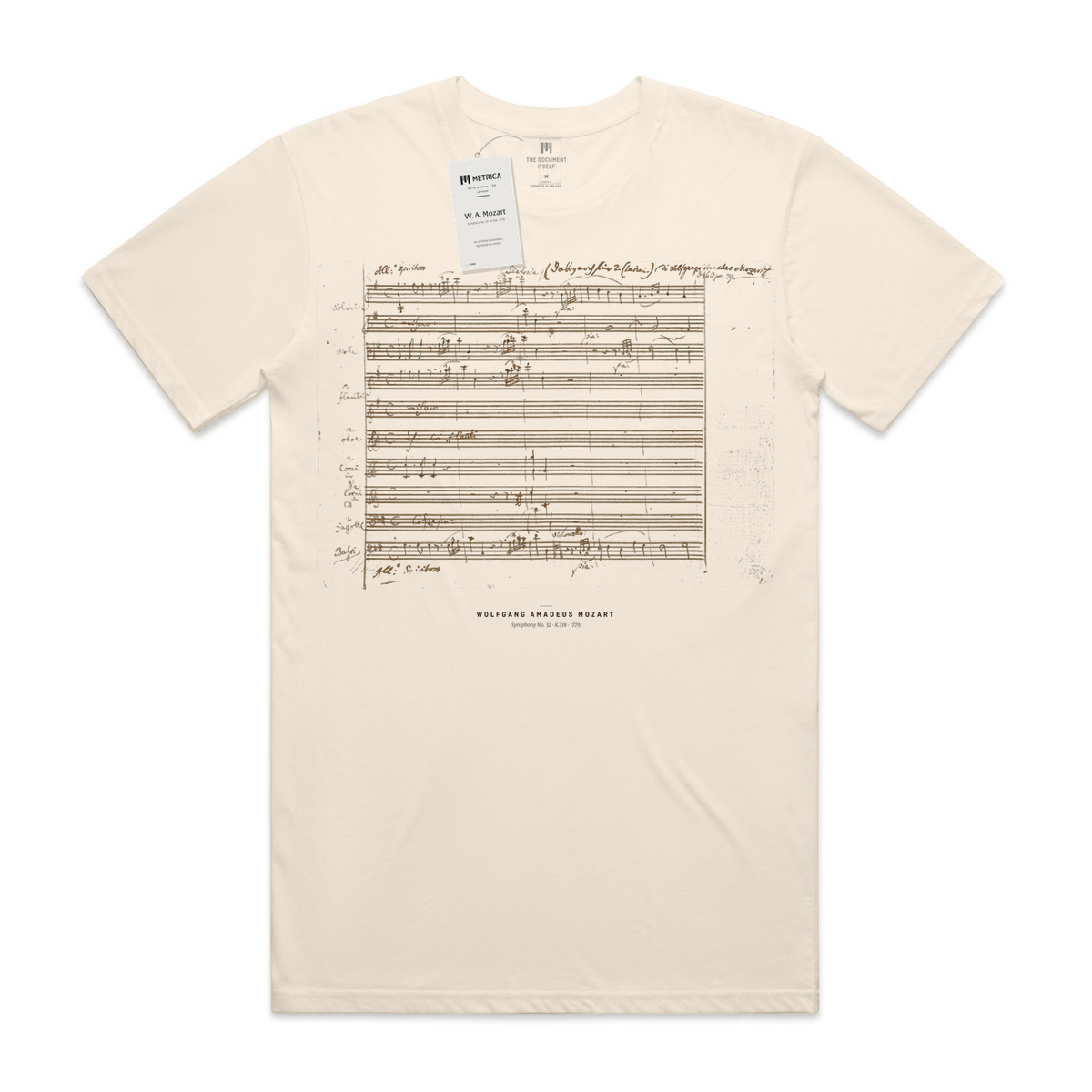 Wolfgang Amadeus Mozart — Symphony No. 32 (K.318) · Métrica archive flat lay — neck print and hang tag