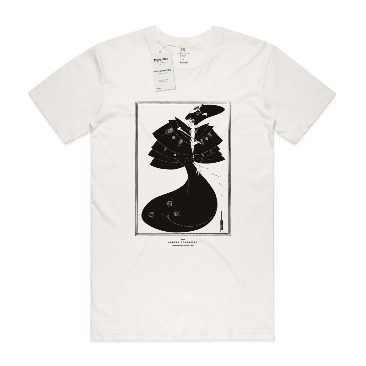 Aubrey Beardsley — The Black Cape · Métrica archive flat lay — neck print and hang tag