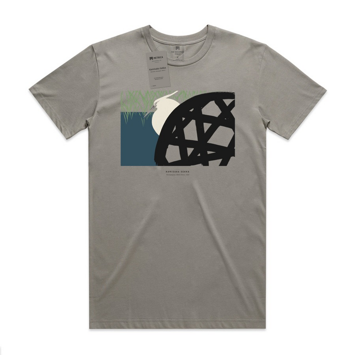 Kamisaka Sekka — White Heron · Métrica archive flat lay — neck print and hang tag