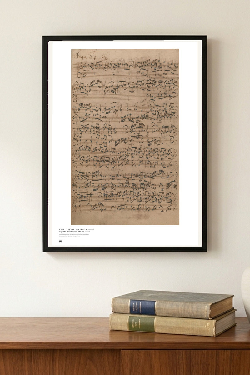 J. S. Bach — Fugue in B minor, The Well-Tempered Clavier I (autograph) — Métrica art print, framed on a wall
