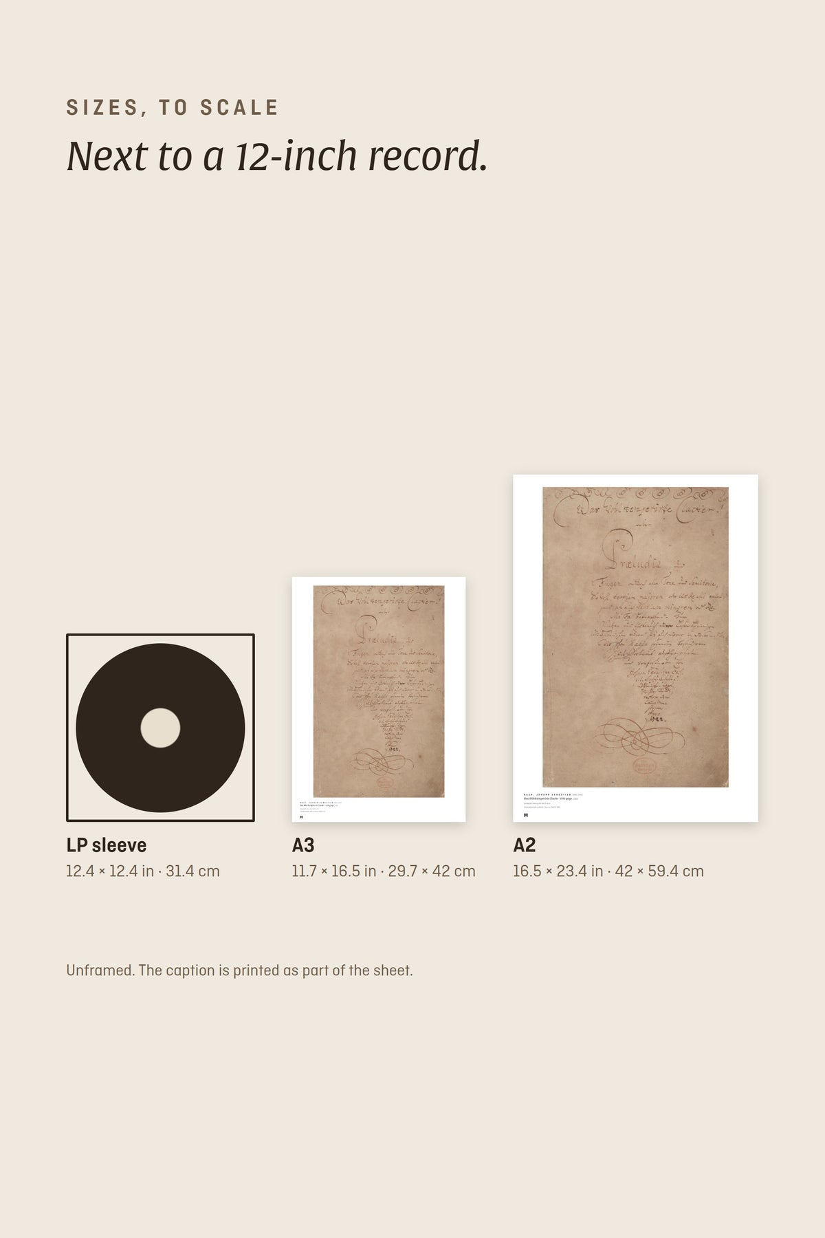 Sizes to scale next to a 12-inch record sleeve