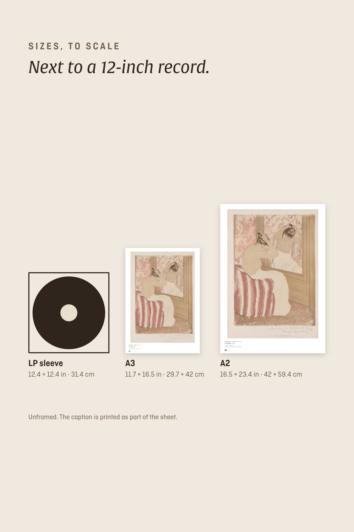 Sizes to scale: A3 and A2 next to a 12-inch record sleeve