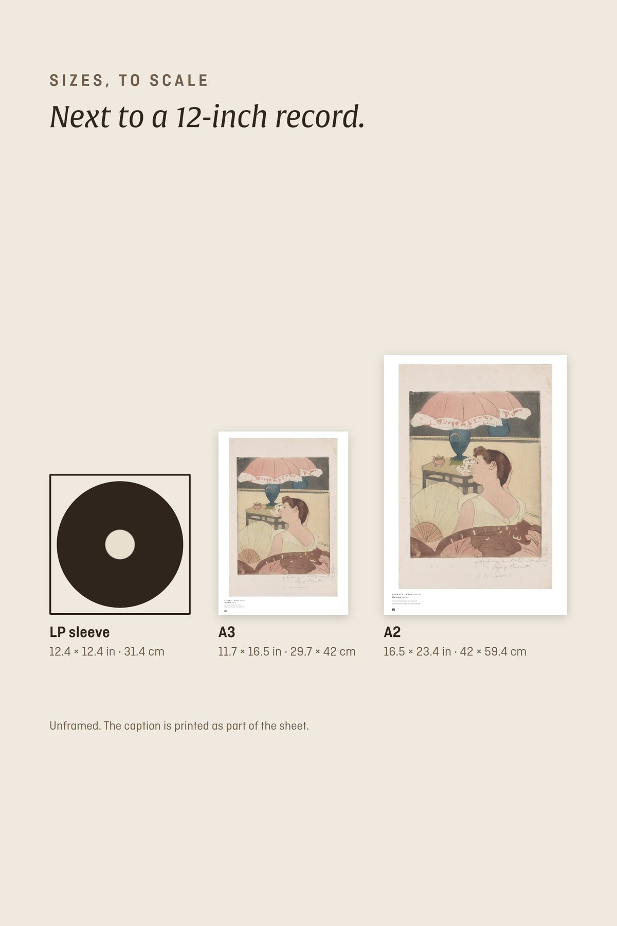 Sizes to scale: A3 and A2 next to a 12-inch record sleeve