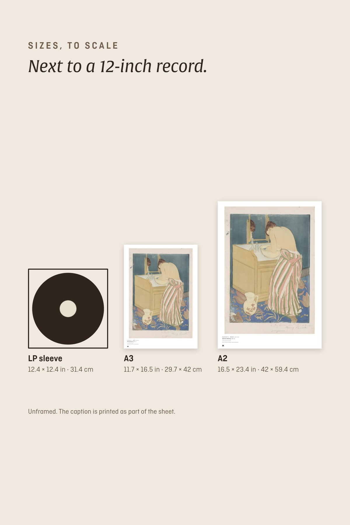 Sizes to scale: A3 and A2 next to a 12-inch record sleeve