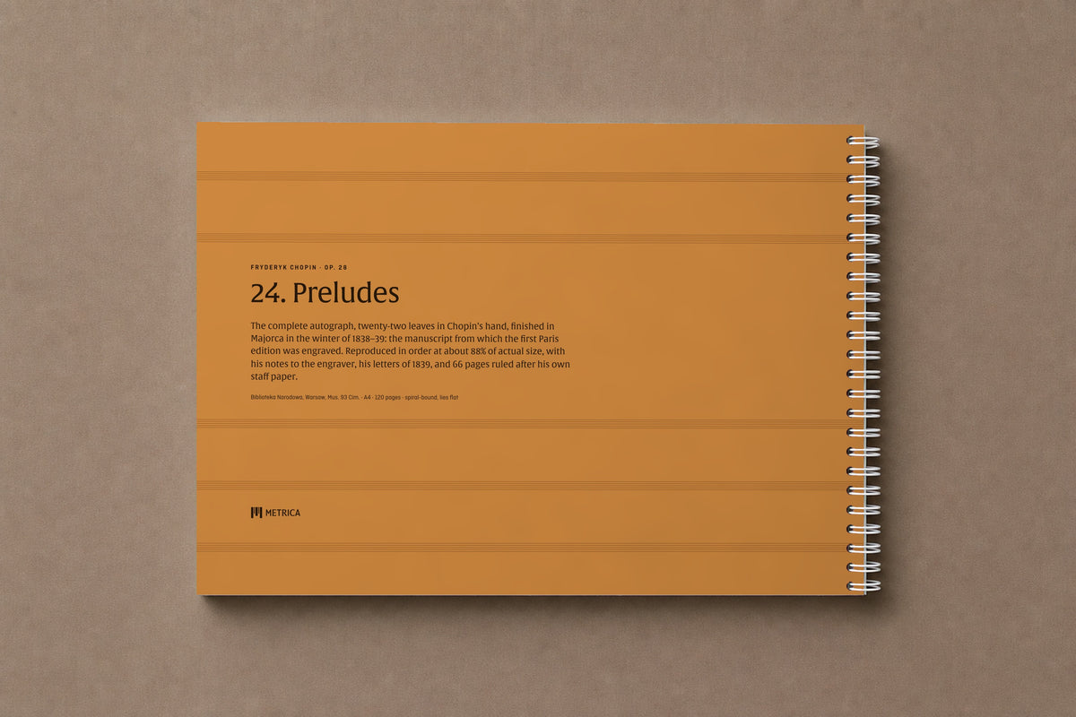 24. Preludes — the back of the notebook, in the caramel of the manuscript's leather binding, with its tooled staves, digitally composed product view