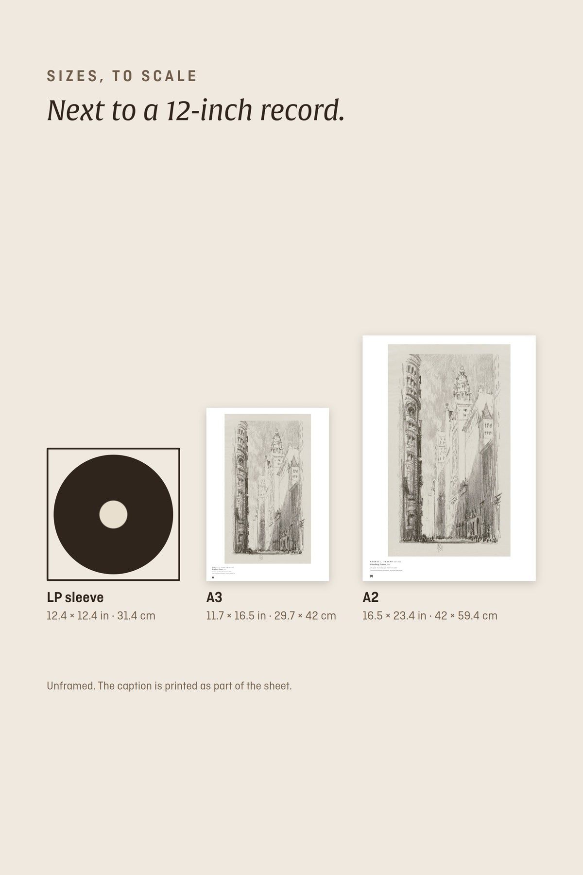 Sizes to scale next to a 12-inch record sleeve