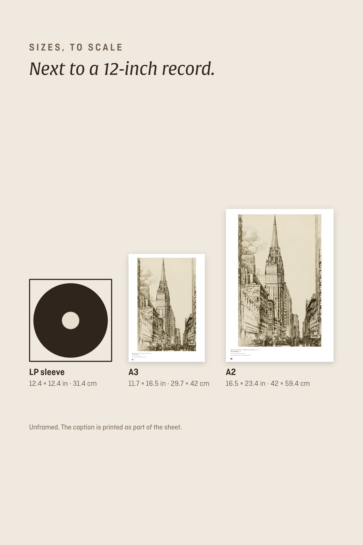 Sizes to scale next to a 12-inch record sleeve