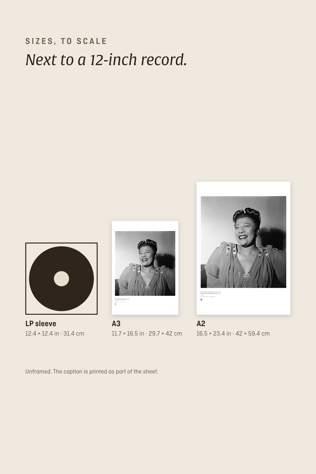 Sizes to scale next to a 12-inch record sleeve