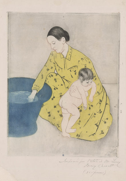 Mary Cassatt, The Bath — a woman in a yellow dress lowering a naked child toward a blue basin