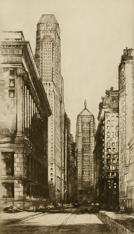 Donald Shaw MacLaughlan, The Heart of Chicago (Evening) — an etching of a street canyon at dusk
