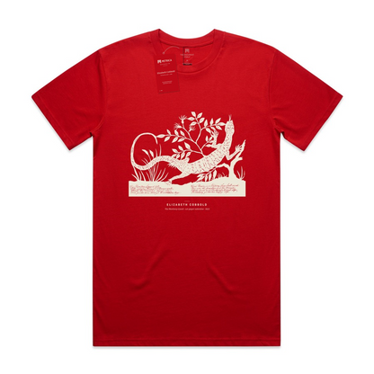 Elizabeth Cobbold — The Monitory Lizard · Métrica archive flat lay — neck print and hang tag