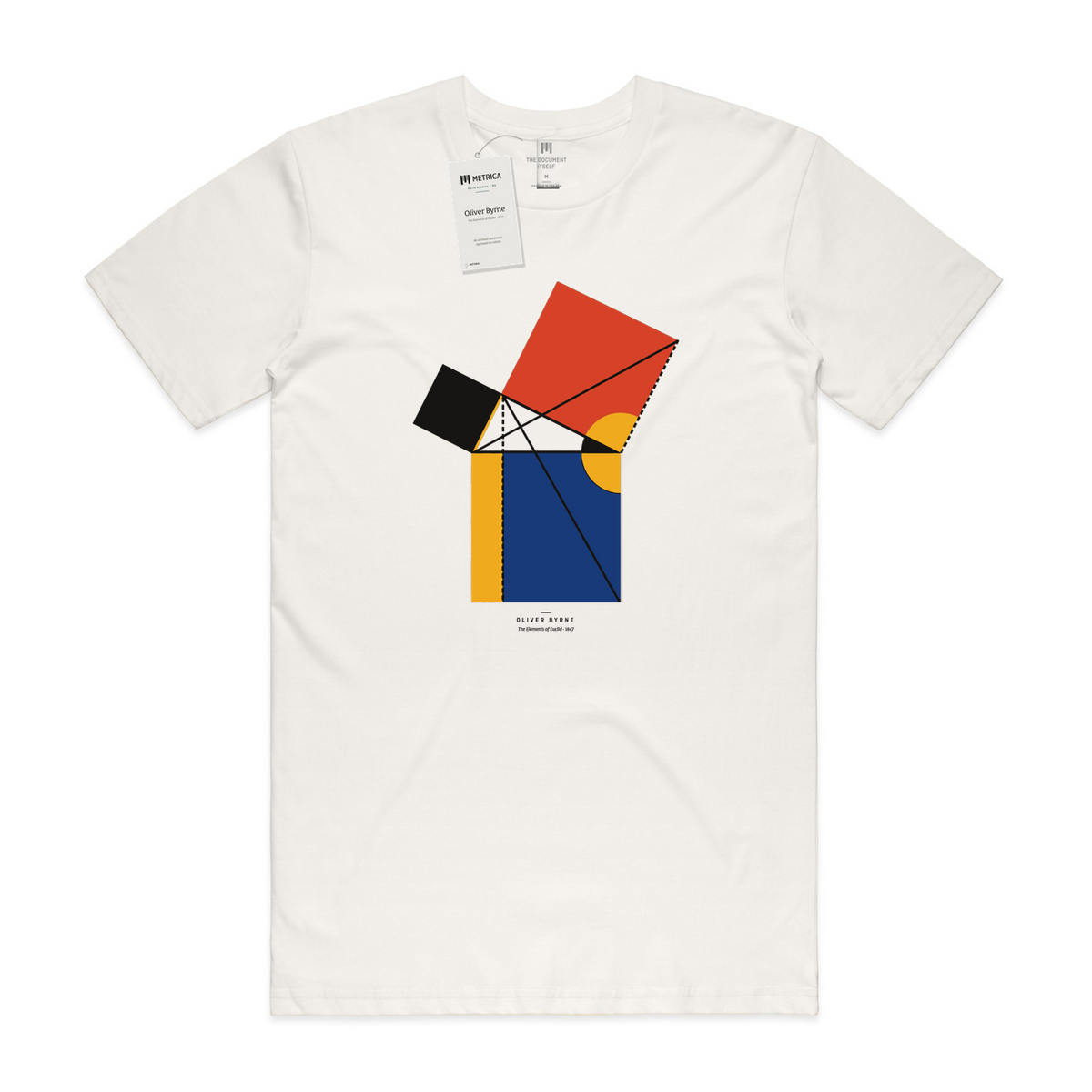 Oliver Byrne — The Elements of Euclid · Métrica archive flat lay — neck print and hang tag