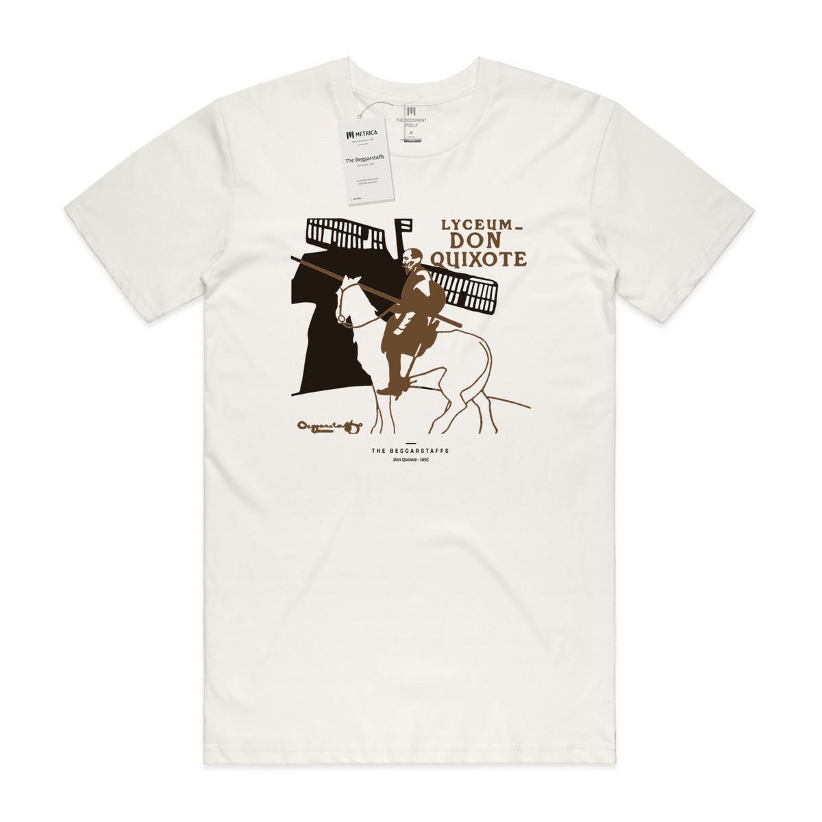 The Beggarstaffs — Don Quixote · Métrica archive flat lay — neck print and hang tag