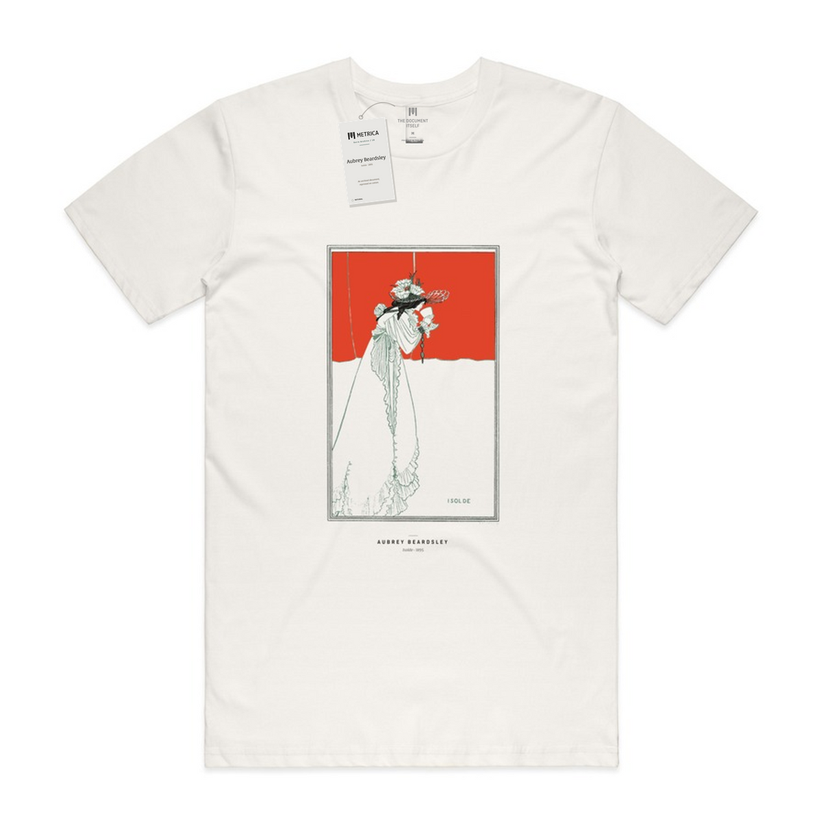 Aubrey Beardsley — Isolde · Métrica archive flat lay — neck print and hang tag
