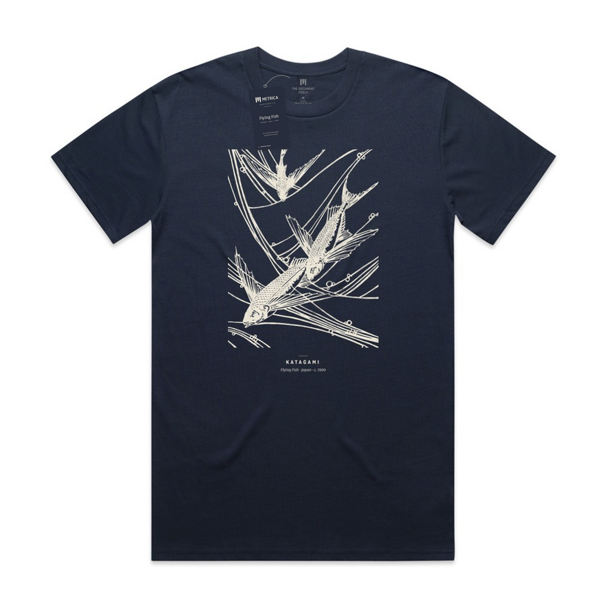 Katagami — Flying Fish · Métrica archive flat lay — neck print and hang tag