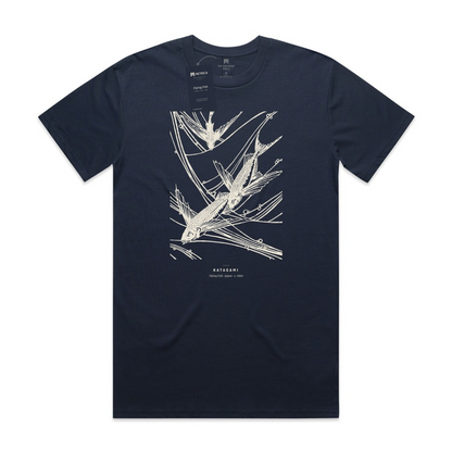 Katagami — Flying Fish · Métrica archive flat lay — neck print and hang tag