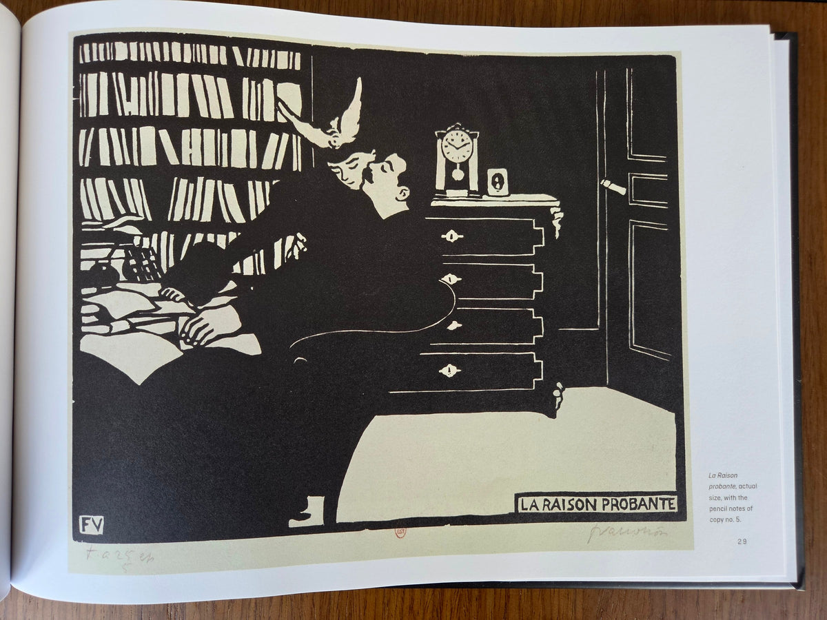 Félix Vallotton — Black on Wood — the printed book open at La Raison probante, actual size, with the pencil notes of copy no. 5 (photograph)