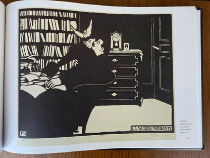 Félix Vallotton — Black on Wood — the printed book open at La Raison probante, actual size, with the pencil notes of copy no. 5 (photograph)