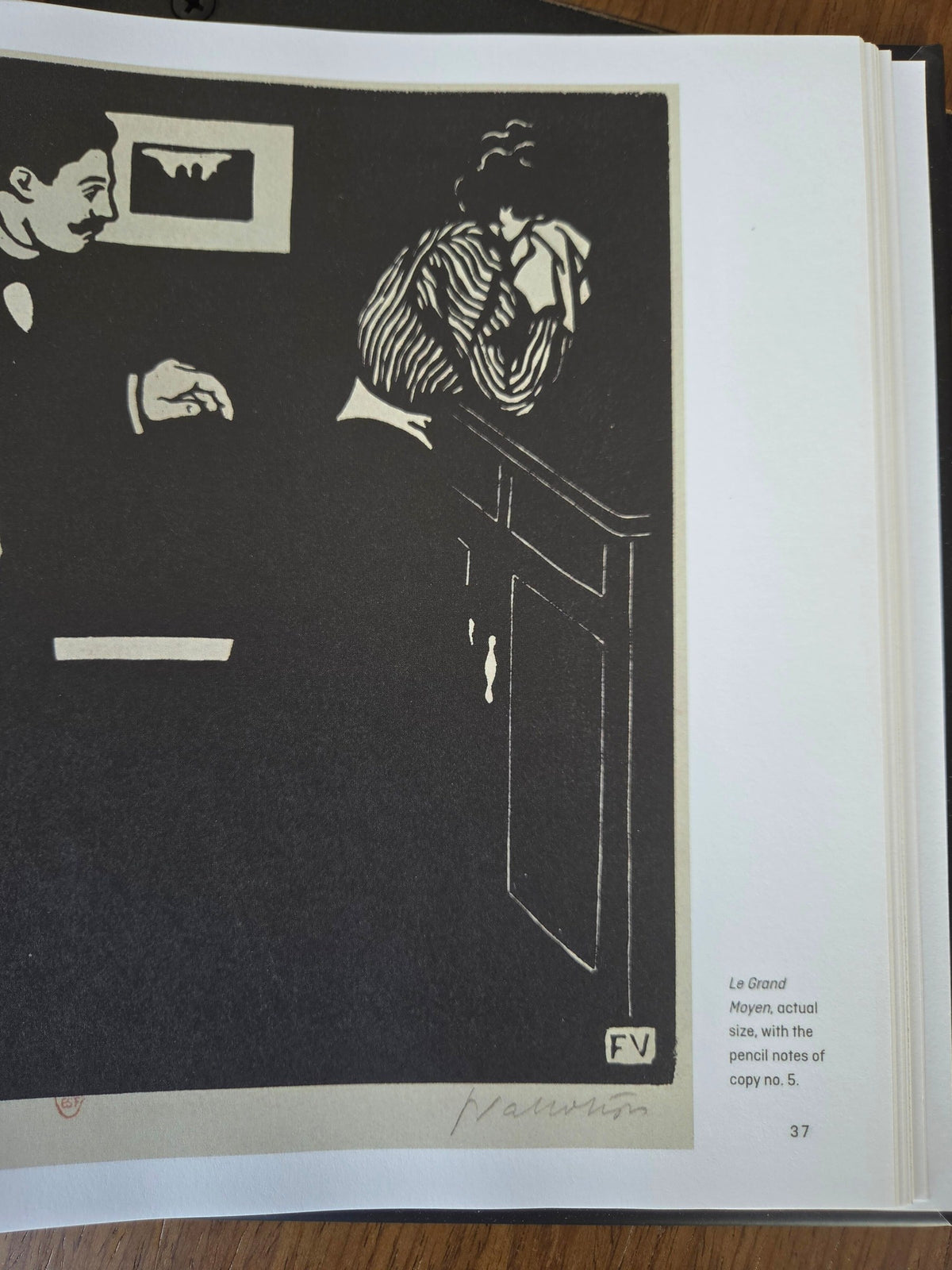 Félix Vallotton — Black on Wood — the printed book open at Le Grand Moyen, actual size (photograph)