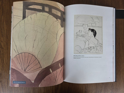 Mary Cassatt — Colour on Copper — the printed book open at The Lamp before colour, facing a detail of the fan (photograph)
