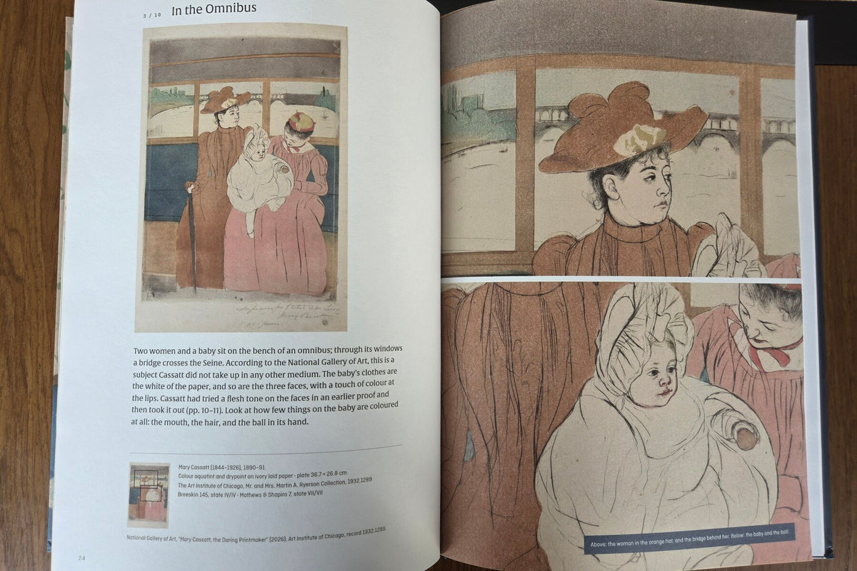 Mary Cassatt — Colour on Copper — the printed book open at In the Omnibus (photograph)