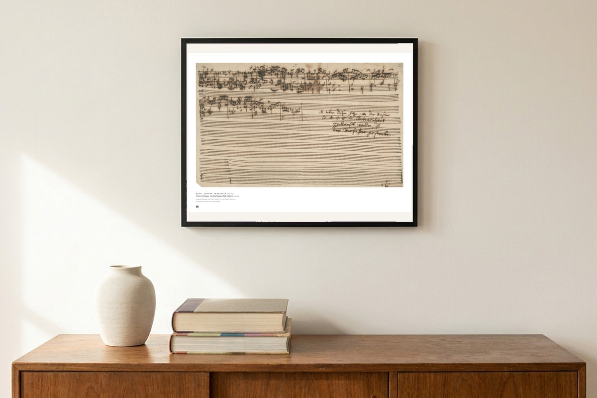 J. S. Bach — The Art of Fugue, where it breaks off (autograph) — Métrica art print, framed on a wall