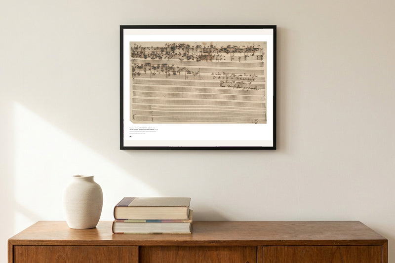 J. S. Bach — The Art of Fugue, where it breaks off (autograph) — Métrica art print, framed on a wall