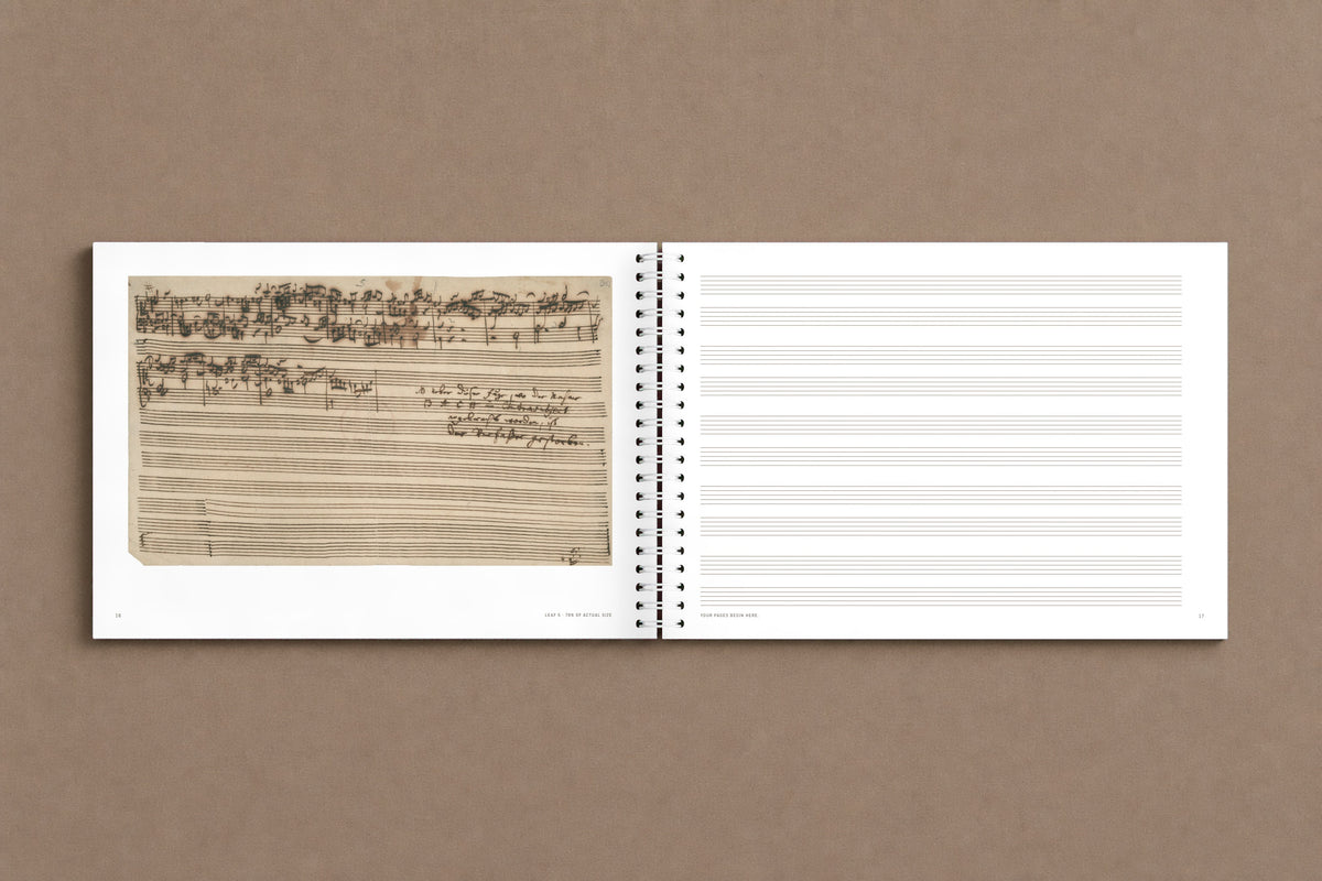 B A C H — open notebook: on the left the last leaf, where the fugue breaks off in the middle of a bar; on the right the first page of staff paper, digitally composed product view