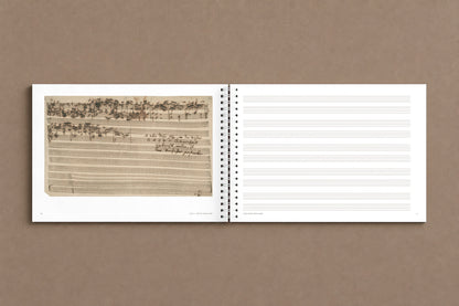 B A C H — open notebook: on the left the last leaf, where the fugue breaks off in the middle of a bar; on the right the first page of staff paper, digitally composed product view