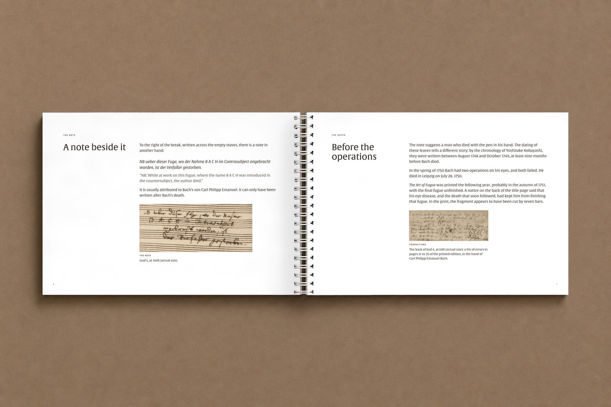 B A C H — open notebook: the note written beside the break, with its translation, and the dates of the leaves, digitally composed product view