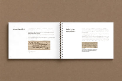 B A C H — open notebook: the note written beside the break, with its translation, and the dates of the leaves, digitally composed product view