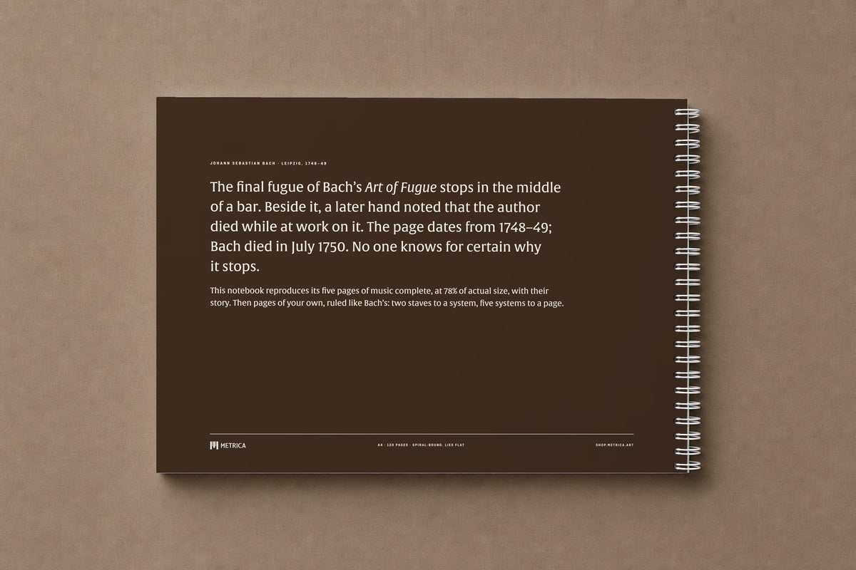 B A C H — the back of the notebook, in the brown of the ink, with its story, digitally composed product view