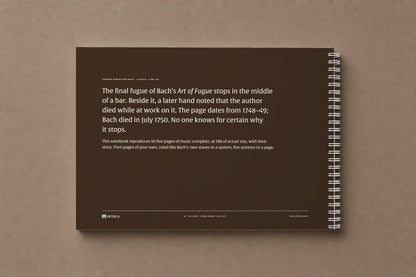 B A C H — the back of the notebook, in the brown of the ink, with its story, digitally composed product view