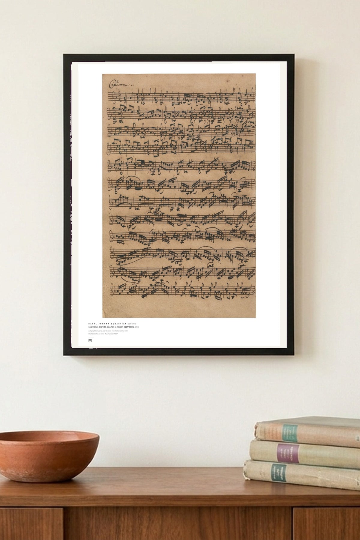 J. S. Bach — Ciaccona, Partita No. 2 in D minor (autograph) — Métrica art print, framed on a wall