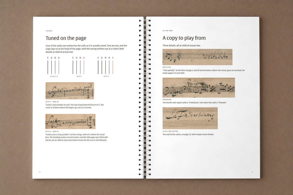 Senza Basso — open notebook: the two retuned suites, with the tunings drawn as strings, digitally composed product view