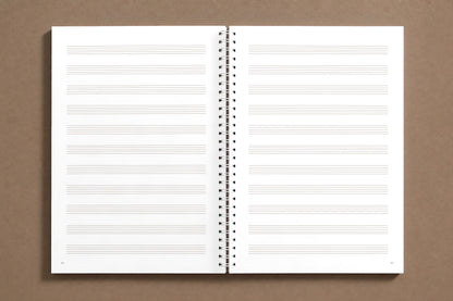 Senza Basso — open notebook, staff paper: staves the size of those in her copy, evenly spaced, digitally composed product view