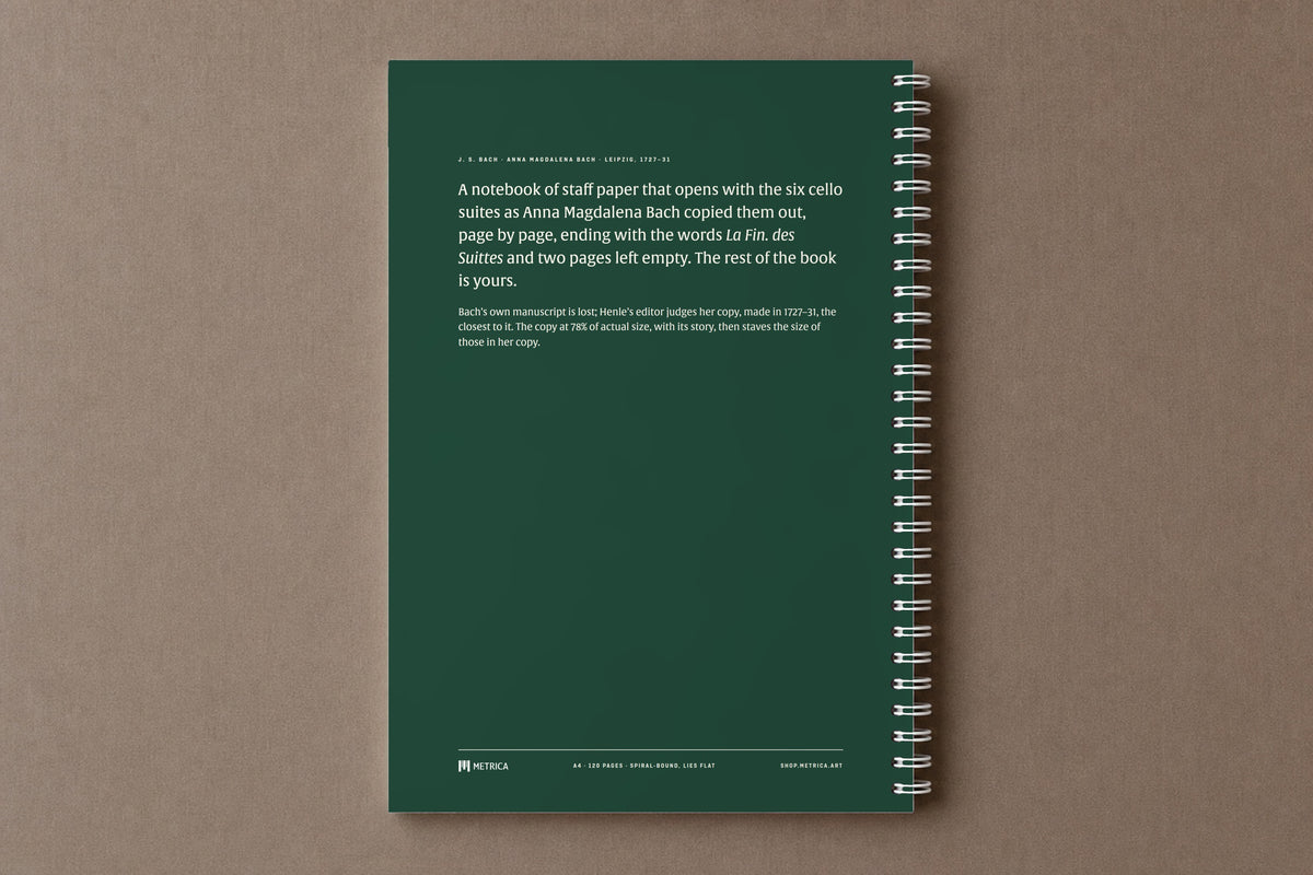 Senza Basso — the back of the notebook, in the green of the copy's cover, with its story, digitally composed product view