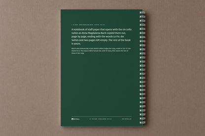 Senza Basso — the back of the notebook, in the green of the copy's cover, with its story, digitally composed product view