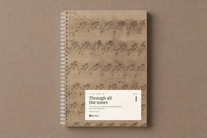 Bach — The Well-Tempered Clavier I, Volume 1 — the notebook closed: the first prelude in Bach's hand on the cover, white spiral on the left, digitally composed product view