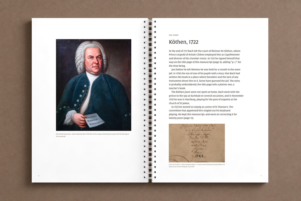 Bach — The Well-Tempered Clavier I, Volume 1 — open notebook: Haussmann's 1748 portrait of Bach facing the story of Köthen, 1722, digitally composed product view