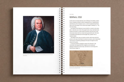 Bach — The Well-Tempered Clavier I, Volume 1 — open notebook: Haussmann's 1748 portrait of Bach facing the story of Köthen, 1722, digitally composed product view