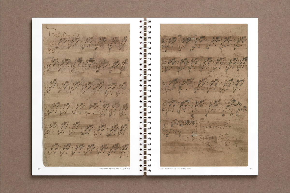 Bach — The Well-Tempered Clavier I, Volume 1 — open notebook with the Prelude in C major in Bach's hand, leaves 2 verso and 3 recto, digitally composed product view