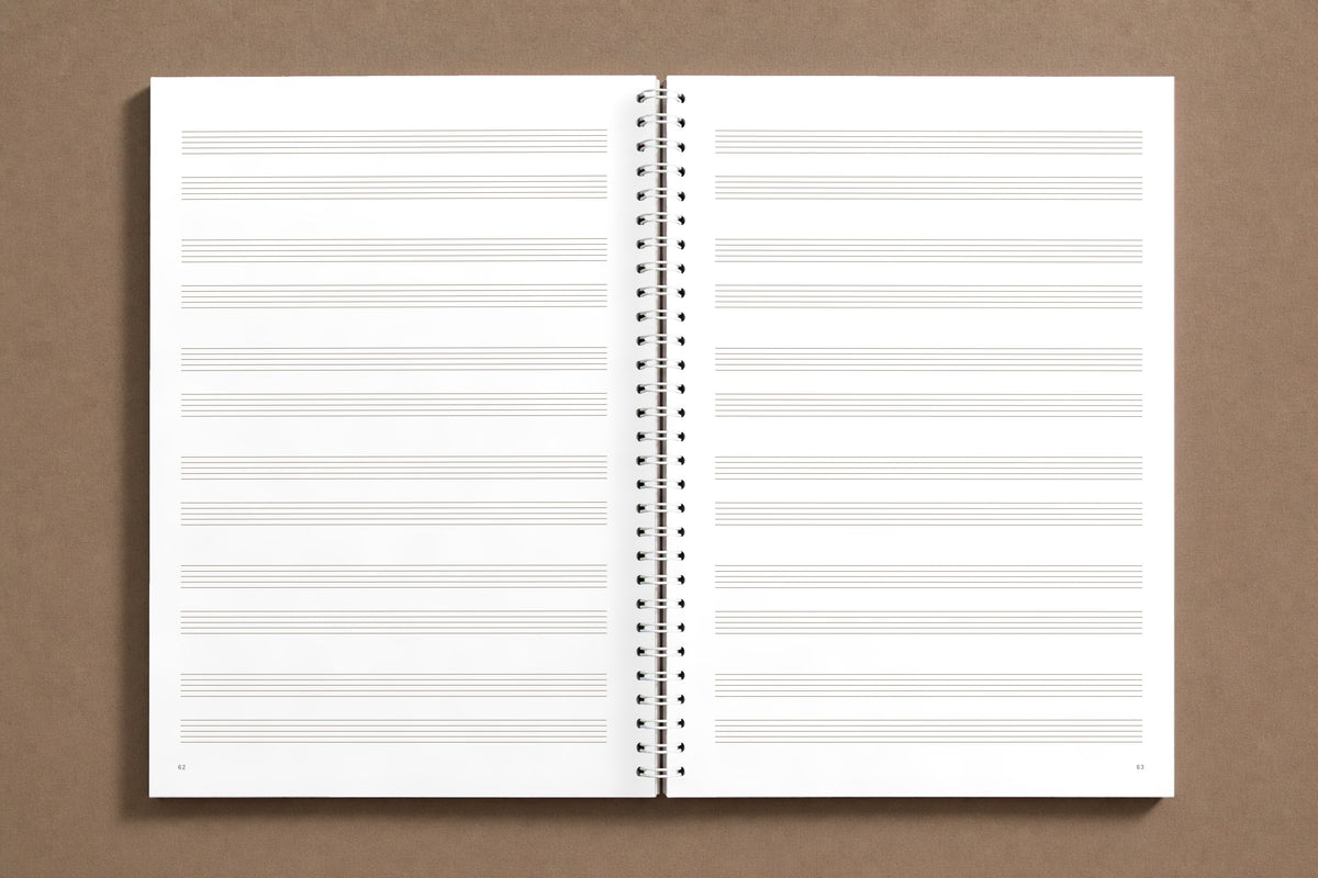 Bach — The Well-Tempered Clavier I, Volume 1 — open notebook, staff paper: six systems of two staves to a page, ruled at the size of Bach's, digitally composed product view
