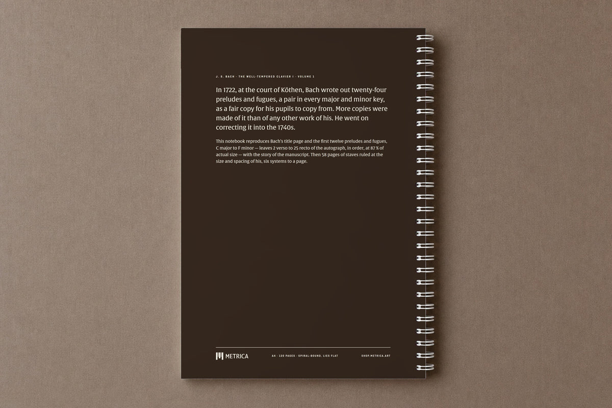 Bach — The Well-Tempered Clavier I, Volume 1 — the back of the notebook, dark brown, with the story of the manuscript, digitally composed product view