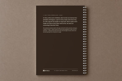 Bach — The Well-Tempered Clavier I, Volume 1 — the back of the notebook, dark brown, with the story of the manuscript, digitally composed product view