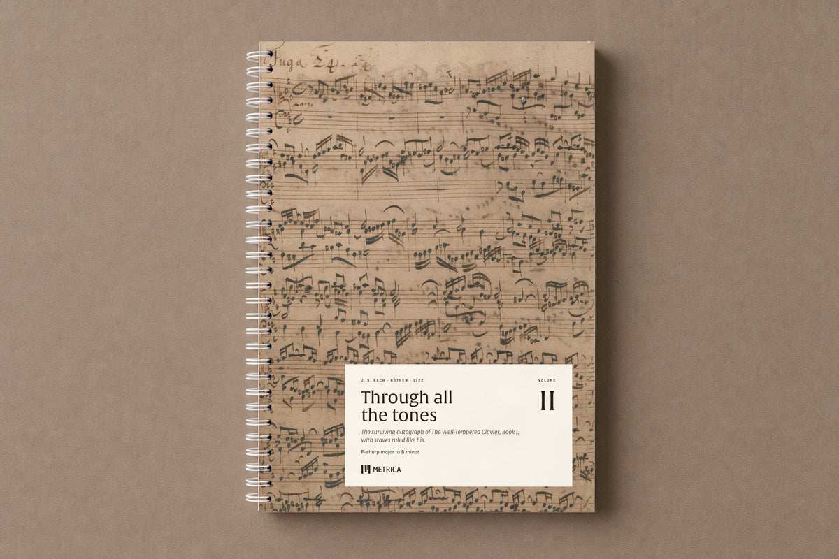 Bach — The Well-Tempered Clavier I, Volume 2 — the notebook closed: the last fugue in Bach's hand on the cover, white spiral on the left, digitally composed product view