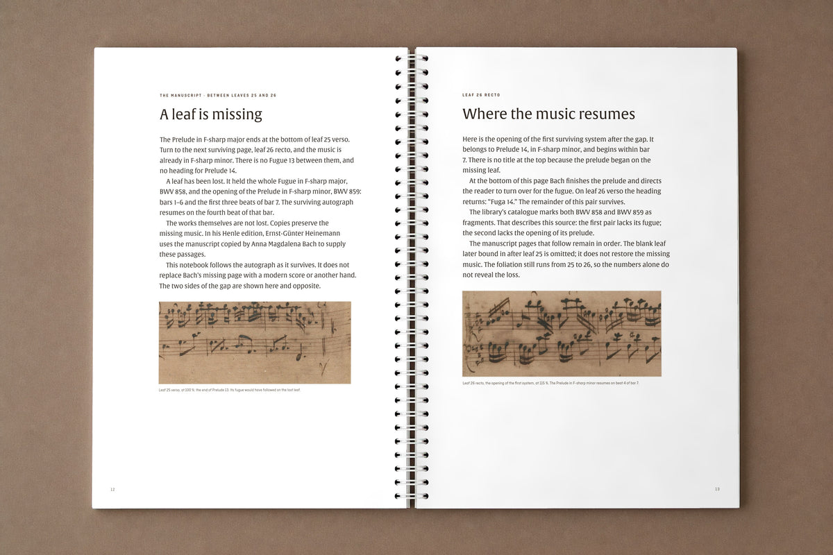Bach — The Well-Tempered Clavier I, Volume 2 — open notebook at the pages on the lost leaf and where the music resumes, digitally composed product view
