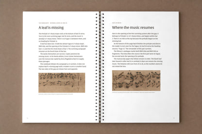 Bach — The Well-Tempered Clavier I, Volume 2 — open notebook at the pages on the lost leaf and where the music resumes, digitally composed product view